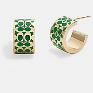 COACH Gold Hoop Earrings with Green Enamel Cutout